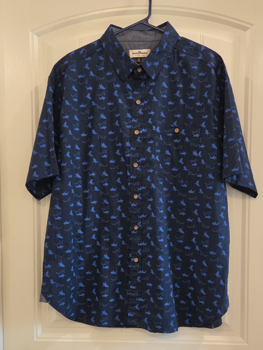 Pacific Marlin Navy and Blue Shark-Print Button-Down Shirt